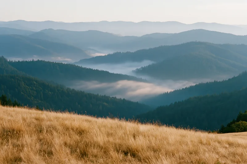 Rolling forested mountains with morning fog settling in the valley, viewed from a grassy meadow