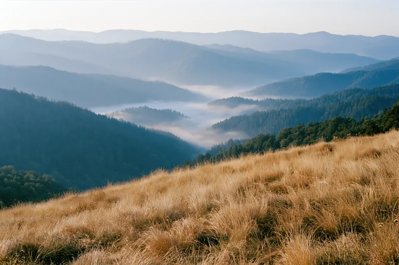 Rolling forested mountains with morning fog settling in the valley, viewed from a grassy slope