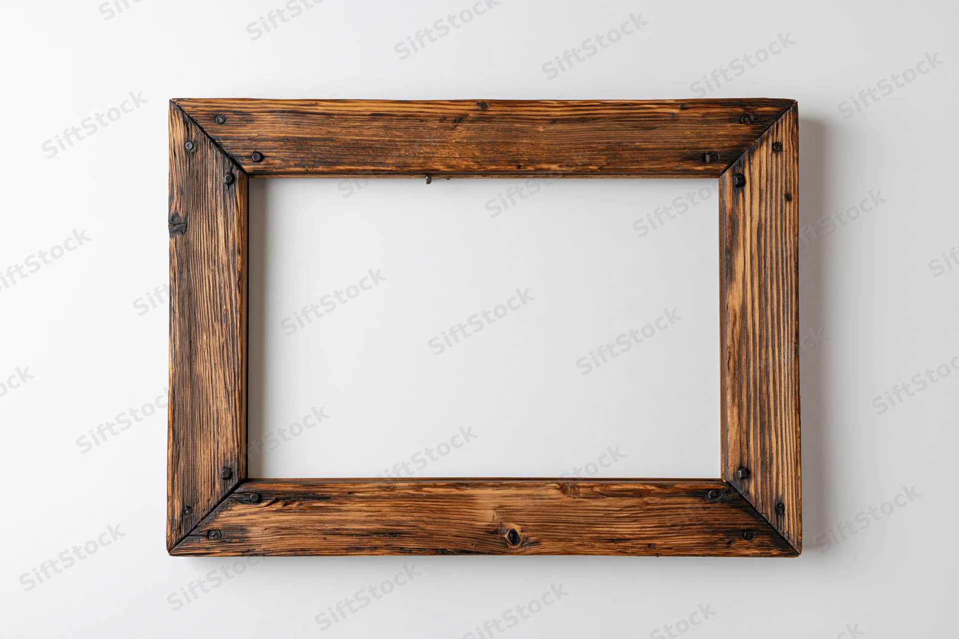 Rustic wooden picture frame lying flat on white surface with empty center