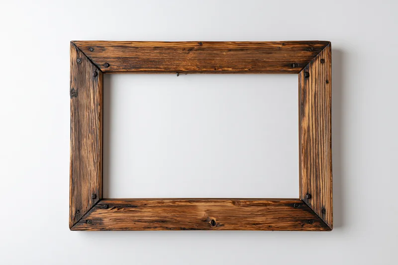 Rustic wooden picture frame lying flat on white surface with empty center