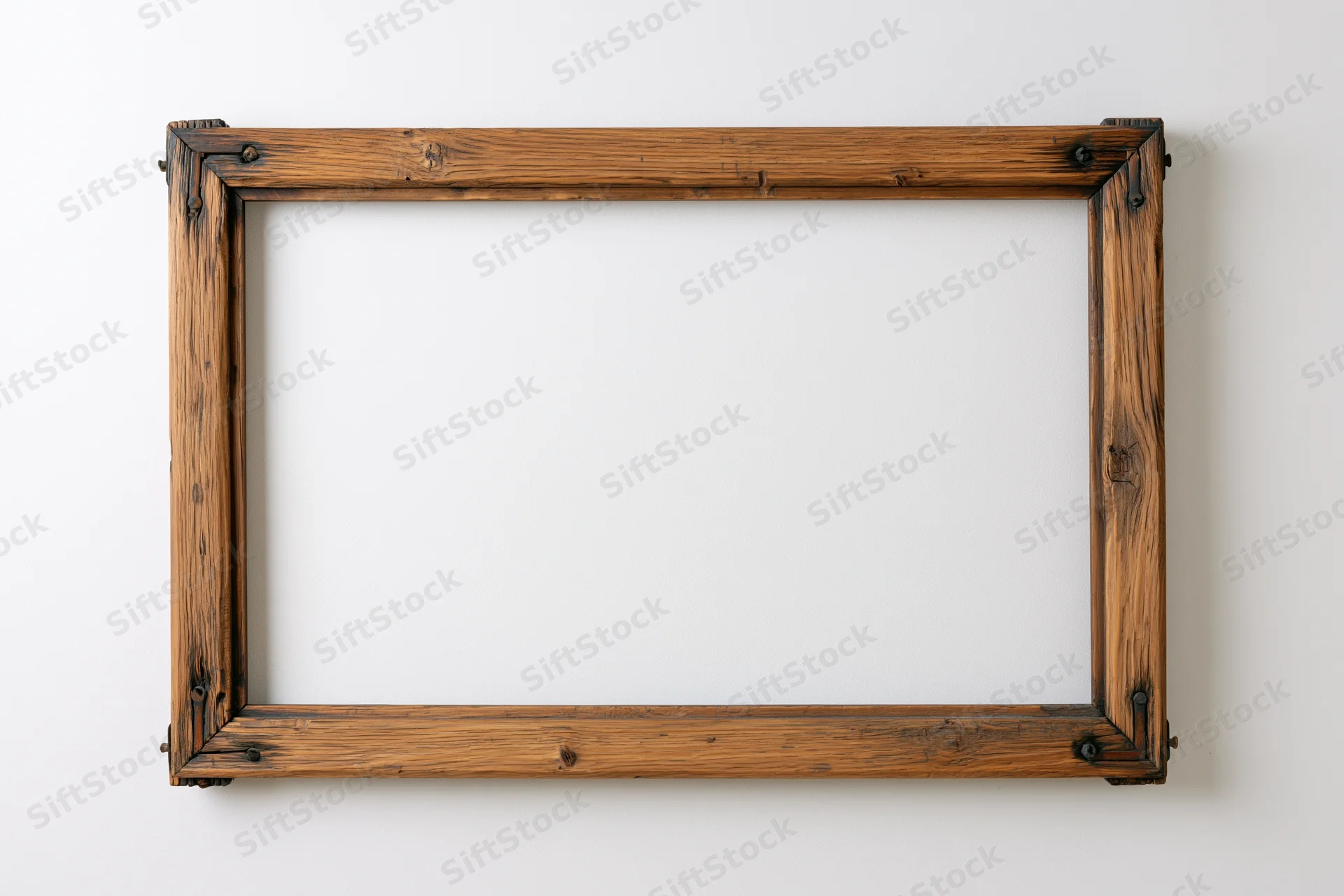 Rustic wooden picture frame lying flat on white surface