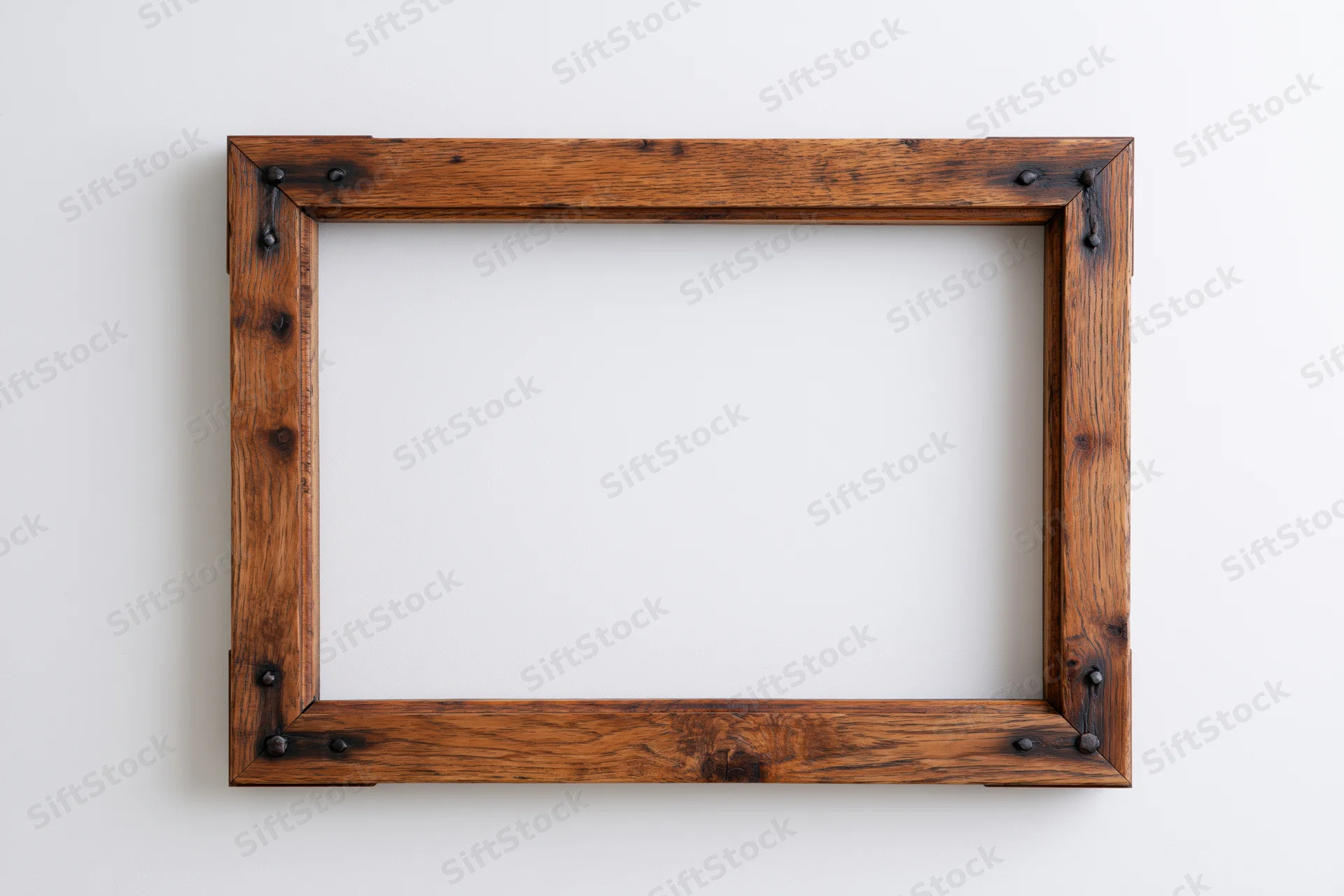 Rustic wooden picture frame with visible grain and metal fasteners lying flat on white surface
