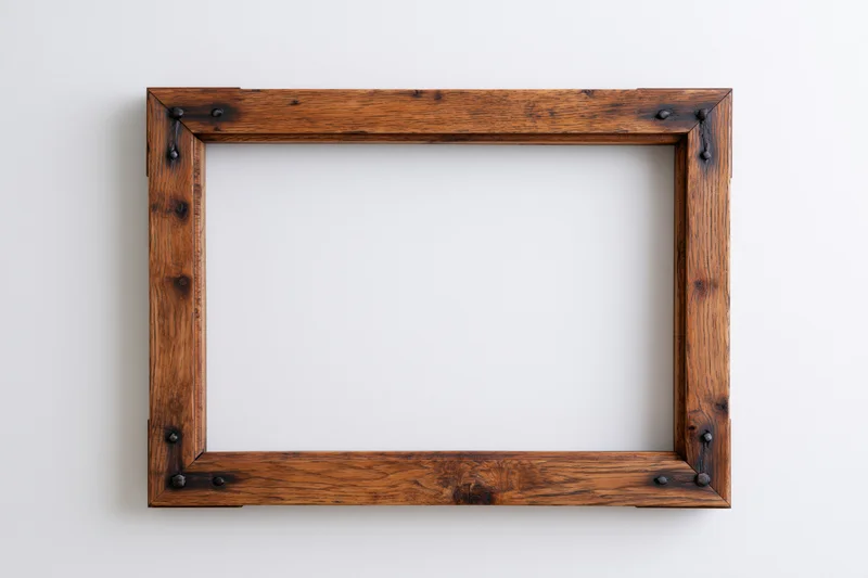 Rustic wooden picture frame with visible grain and metal fasteners lying flat on white surface