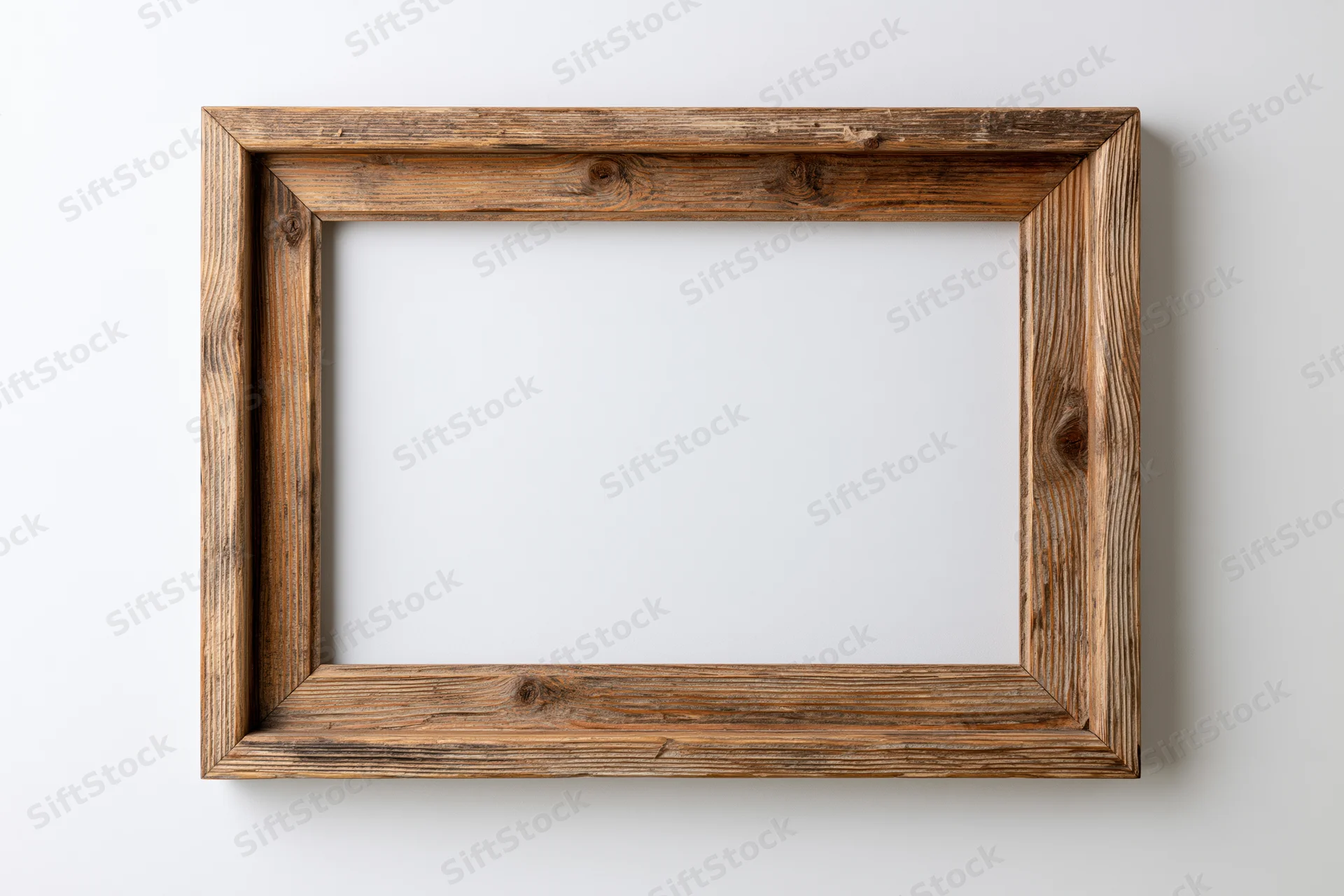 Rustic wooden picture frame with empty white center hanging on a wall