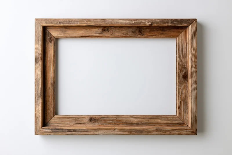 Rustic wooden picture frame with empty white center hanging on a wall