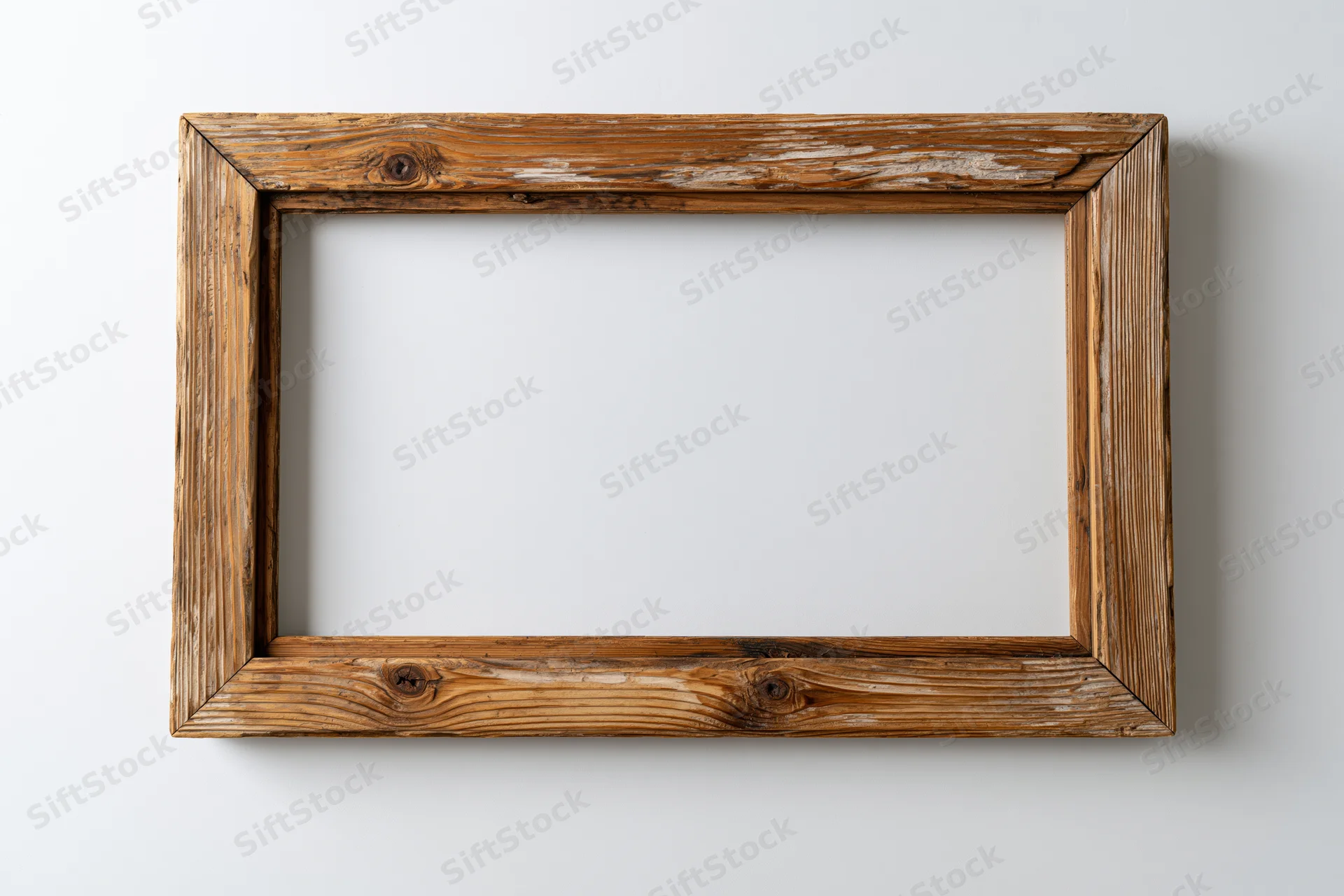 Rustic wooden picture frame with empty white center hanging on a wall
