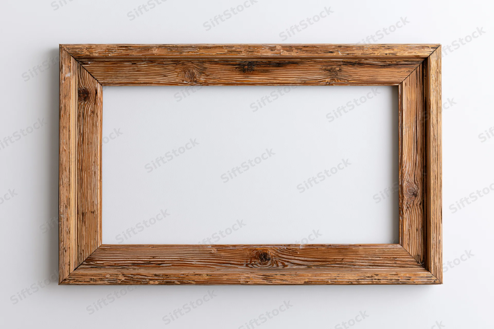 Rustic wooden picture frame with empty white center hanging on a wall