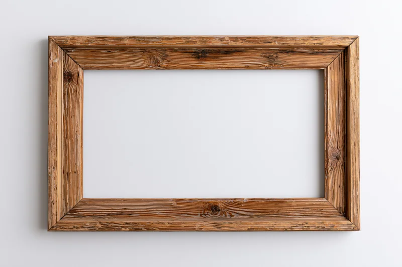 Rustic wooden picture frame with empty white center hanging on a wall