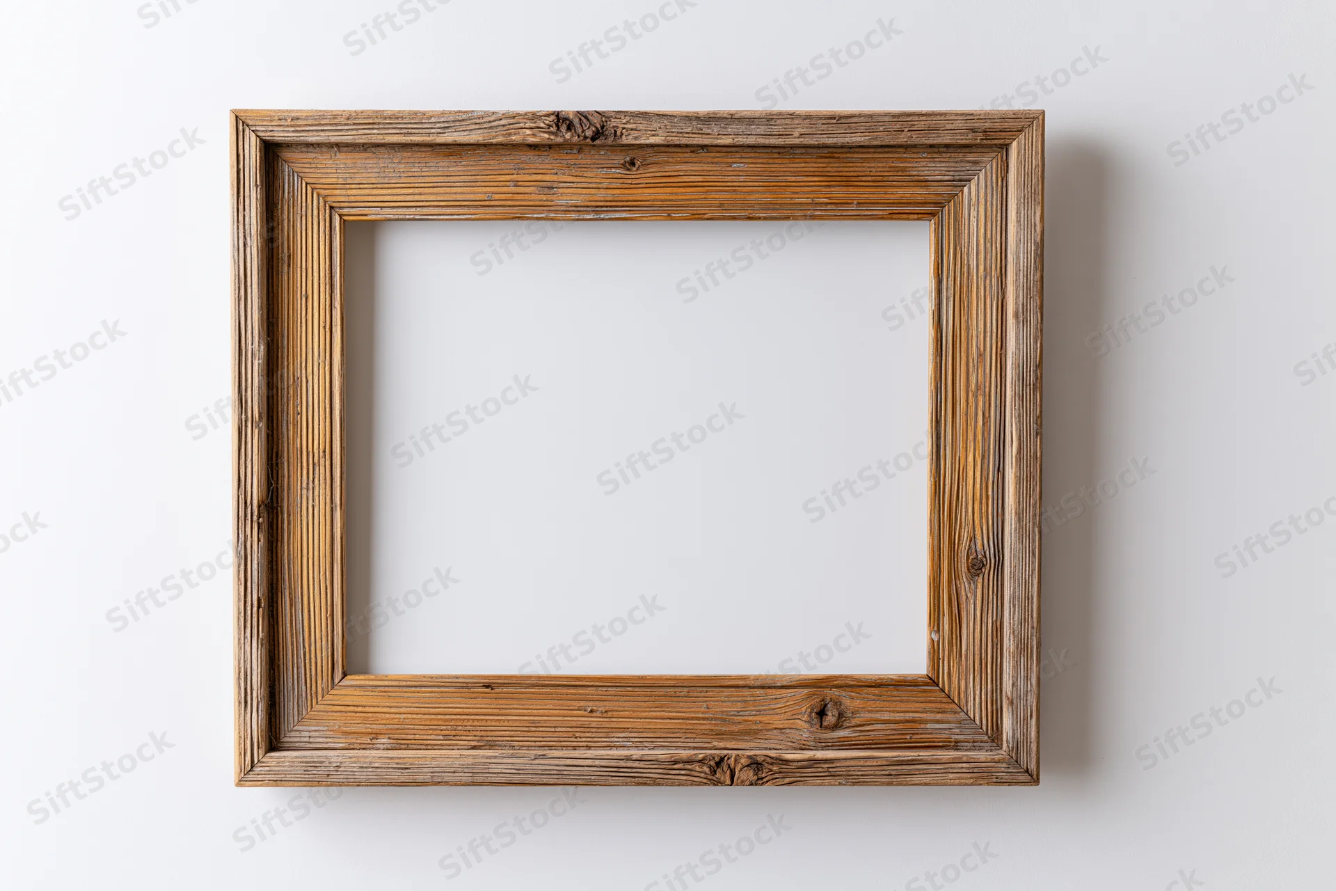 Rustic wooden picture frame with empty white center hanging on a plain wall
