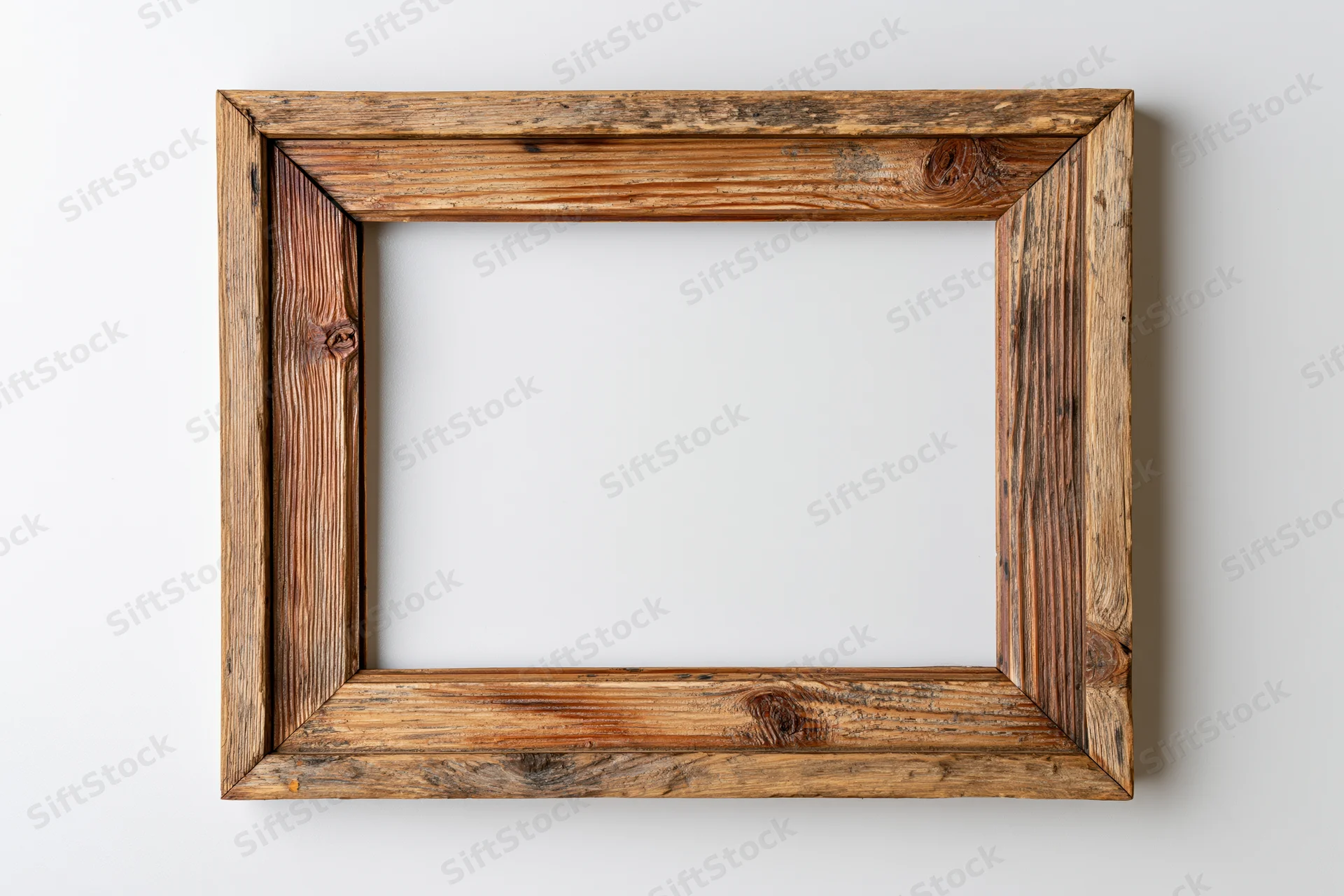 Rustic wooden picture frame with open center isolated against white background