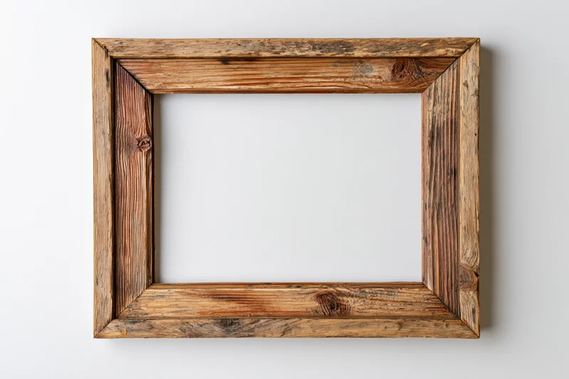 Rustic wooden picture frame with open center isolated against white background