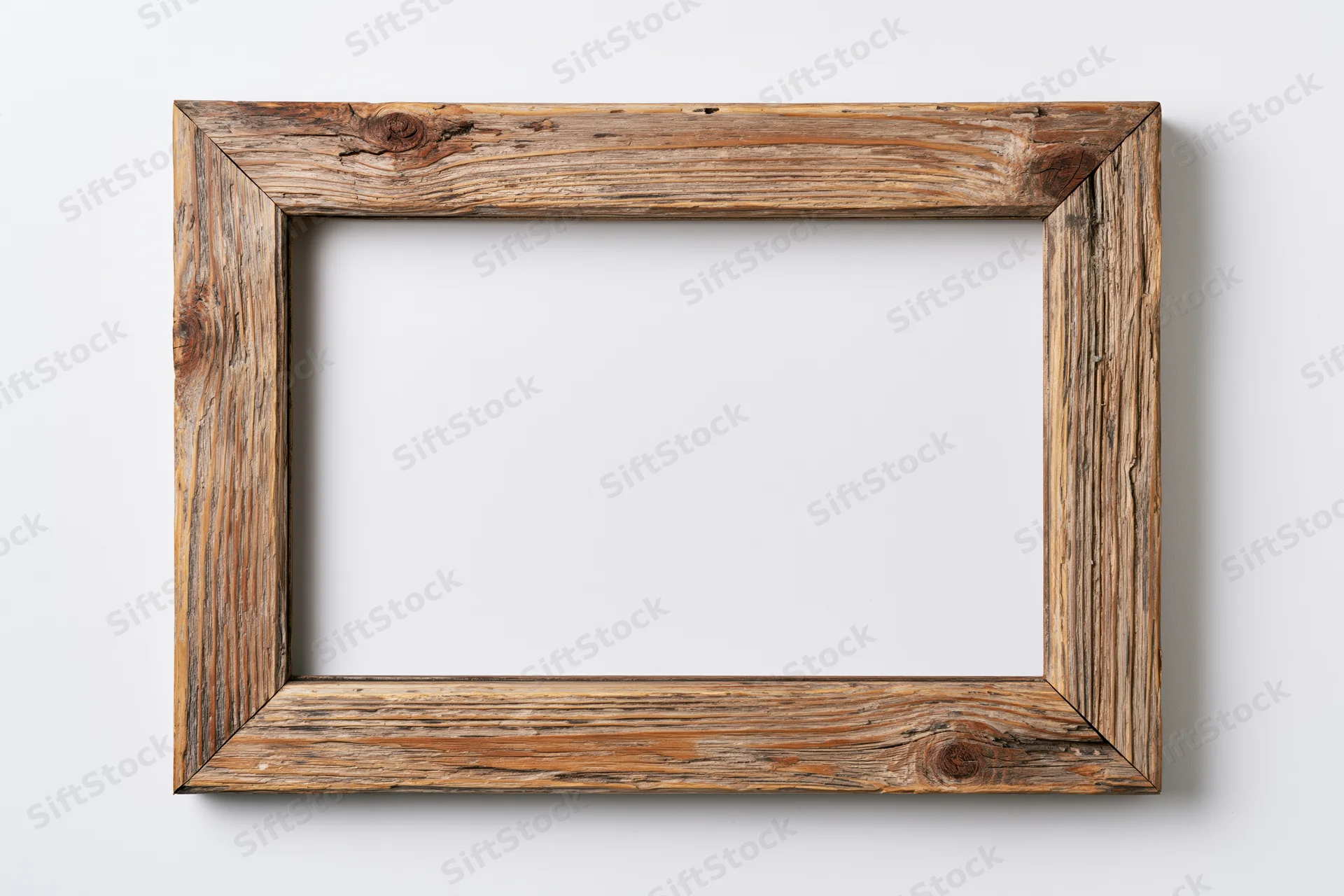 Rustic wooden picture frame with open center isolated against white background