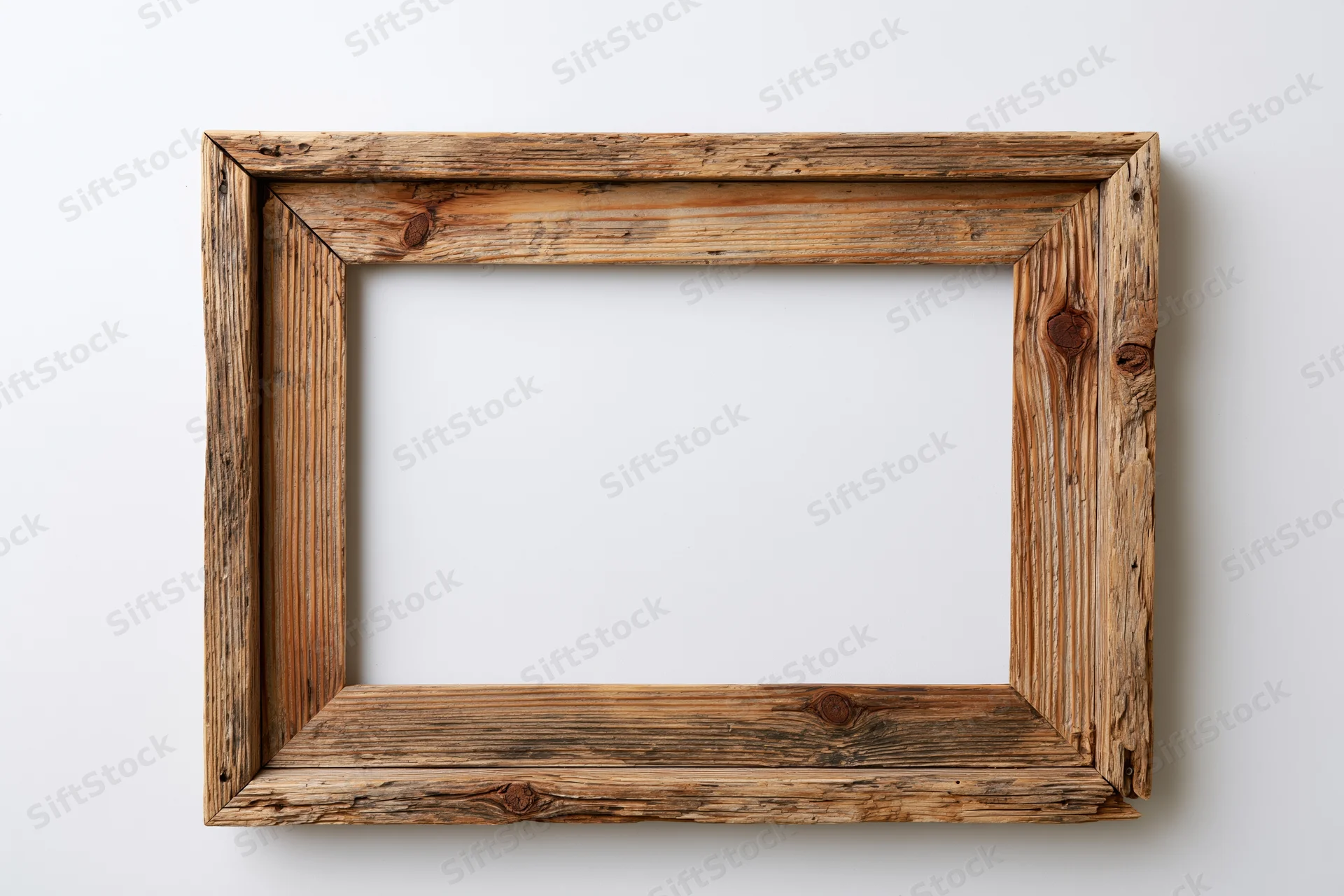 Rustic wooden picture frame with open center hanging on white wall