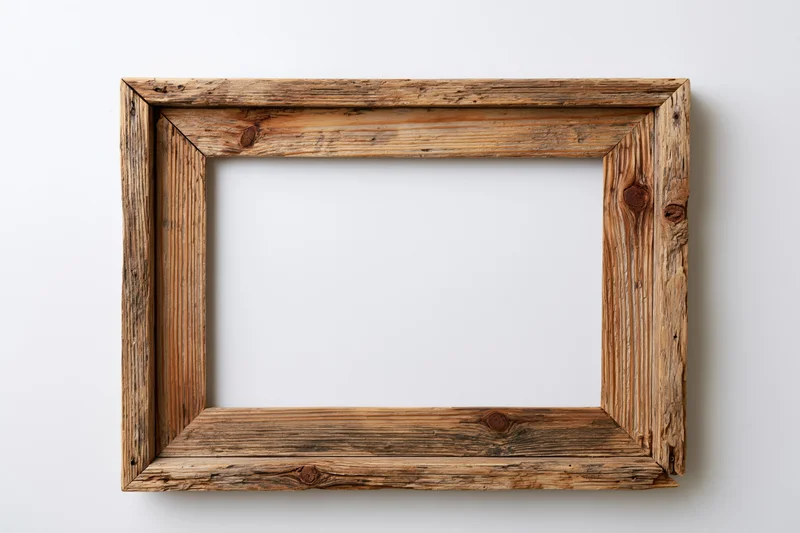 Rustic wooden picture frame with open center hanging on white wall