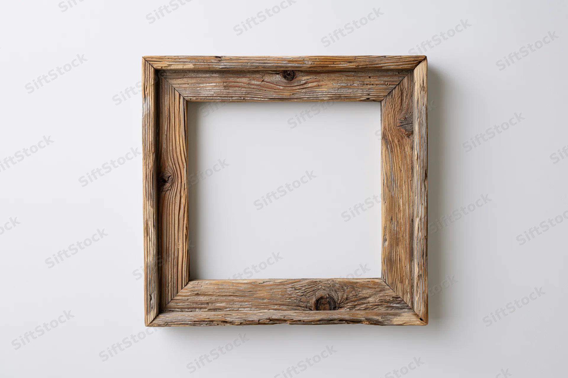 Rustic wooden picture frame with open center hanging on white wall
