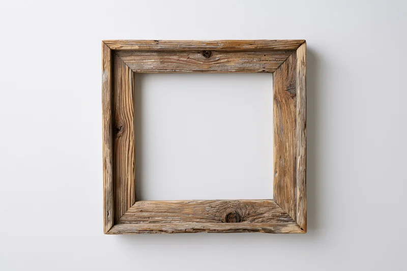 Rustic wooden picture frame with open center hanging on white wall