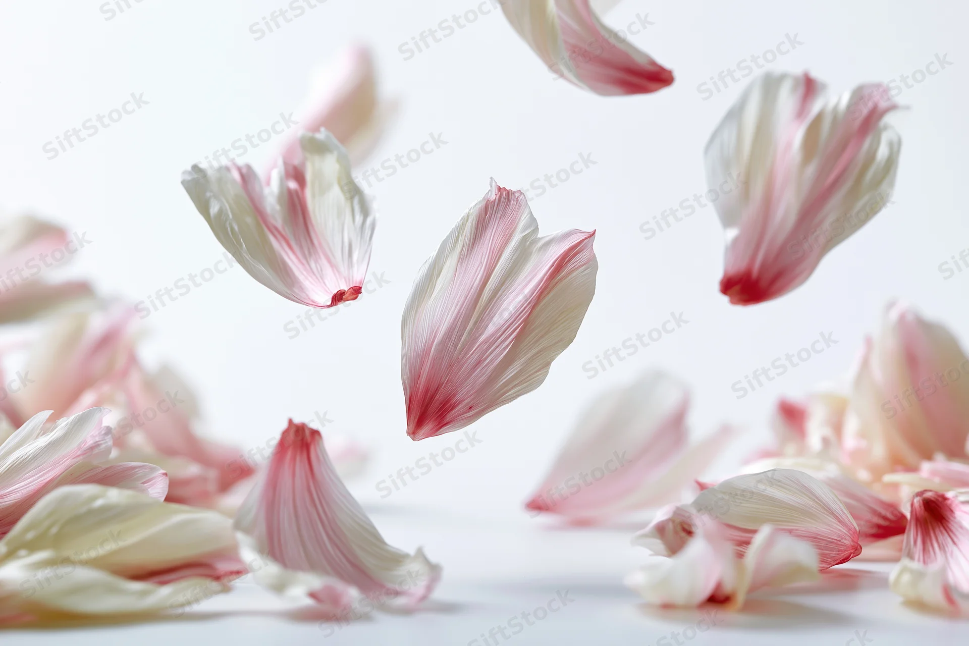 Pink and white flower petals floating mid-air against a white background