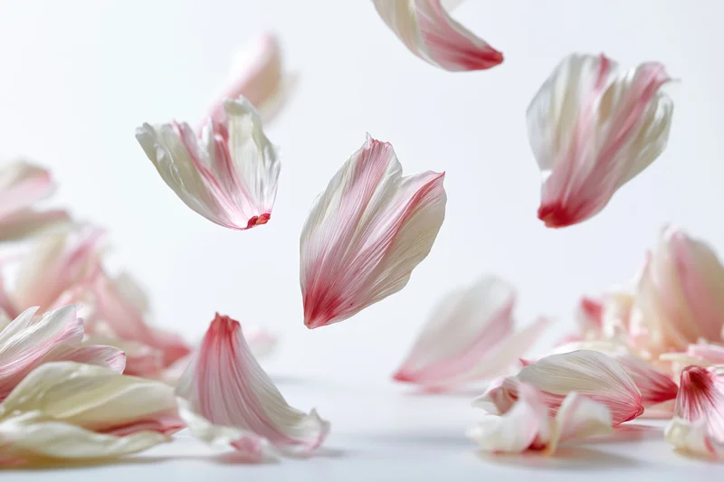 Pink and white flower petals floating mid-air against a white background