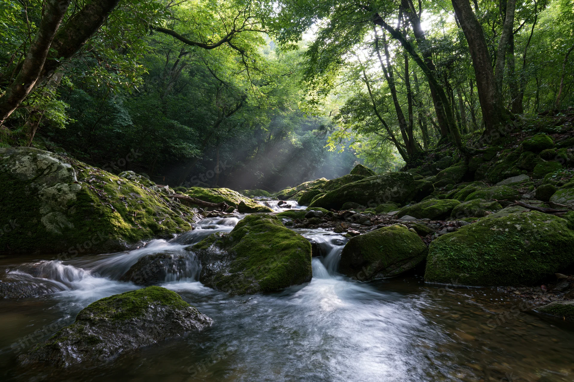 Shallow forest stream flowing over moss-covered rocks in a shaded woodland setting