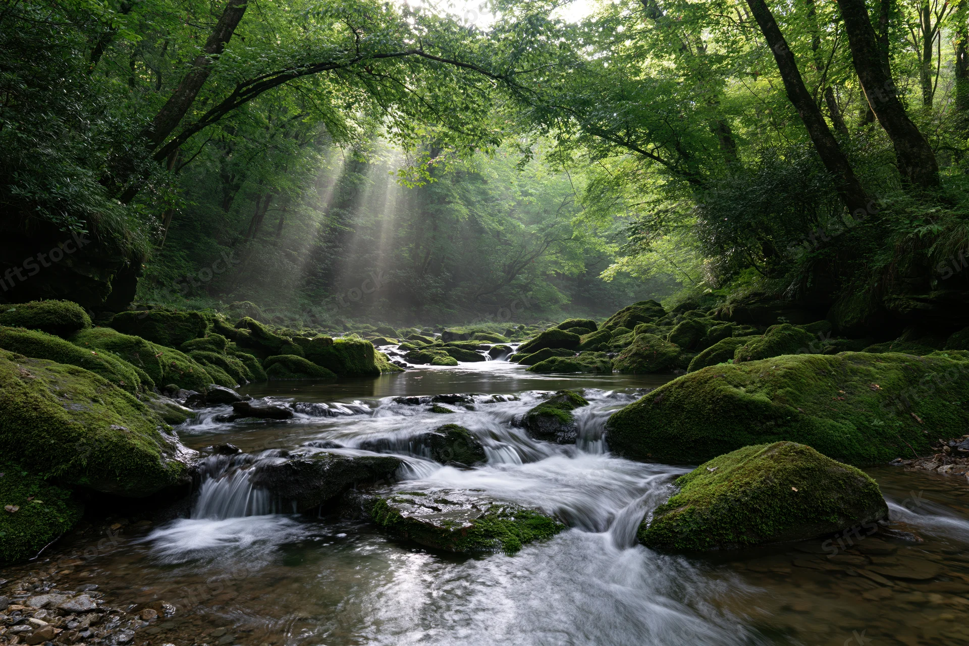 Shallow forest stream flowing over moss-covered rocks under a dense tree canopy