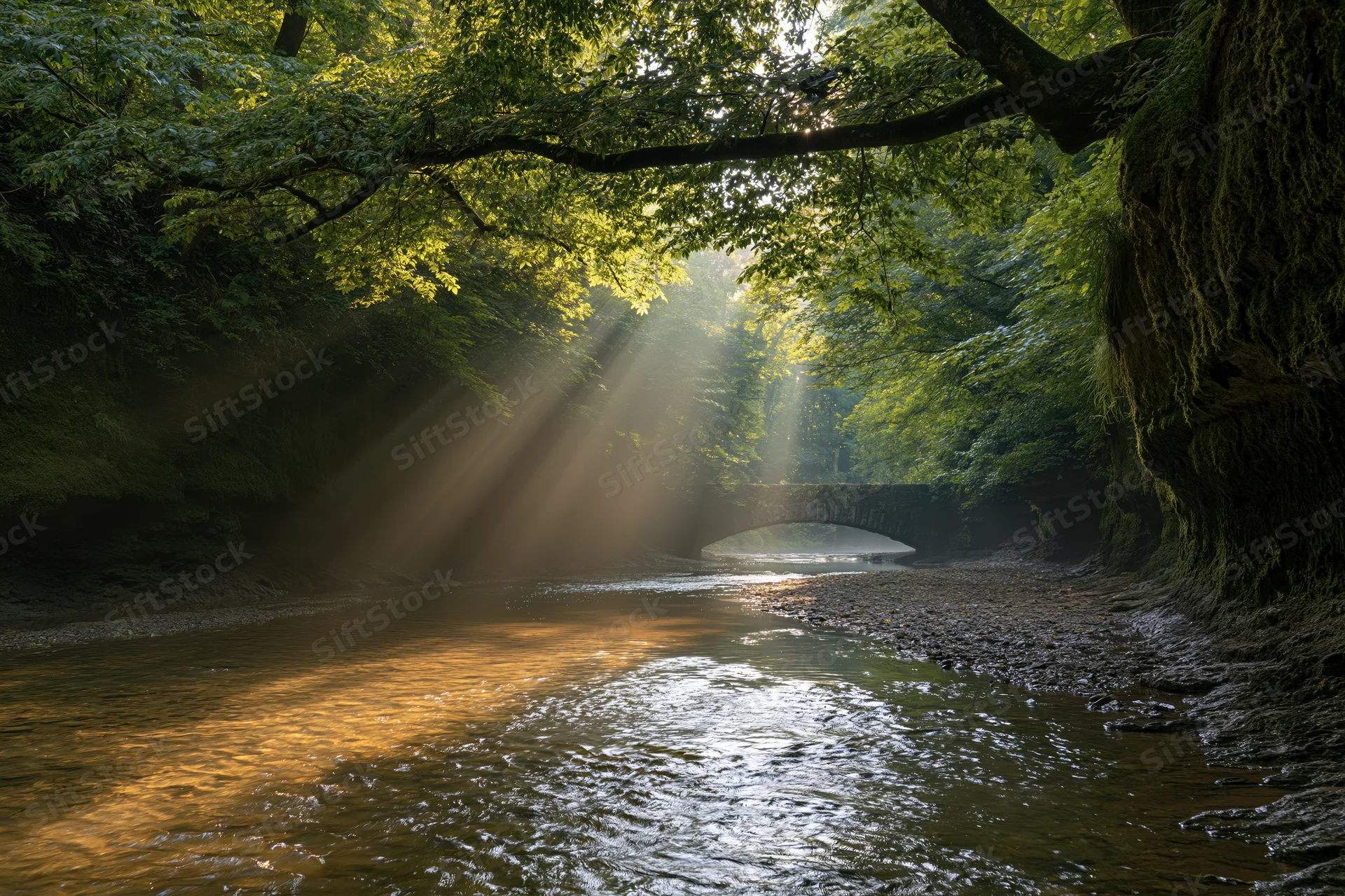 Shallow stream flowing through narrow forested gorge with sunlight filtering through dense canopy