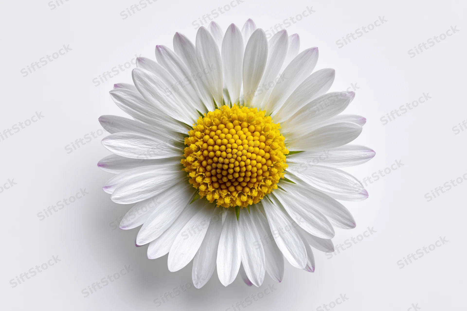Overhead view of a single white daisy flower with yellow center on a plain white background