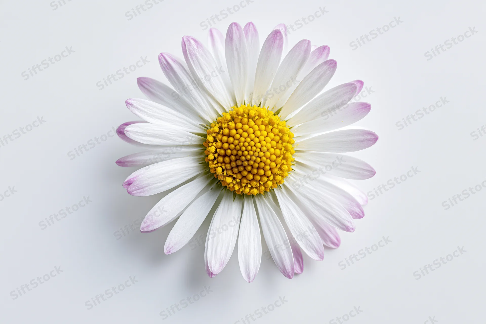 Overhead view of a single daisy flower with white petals and yellow center on a plain white background