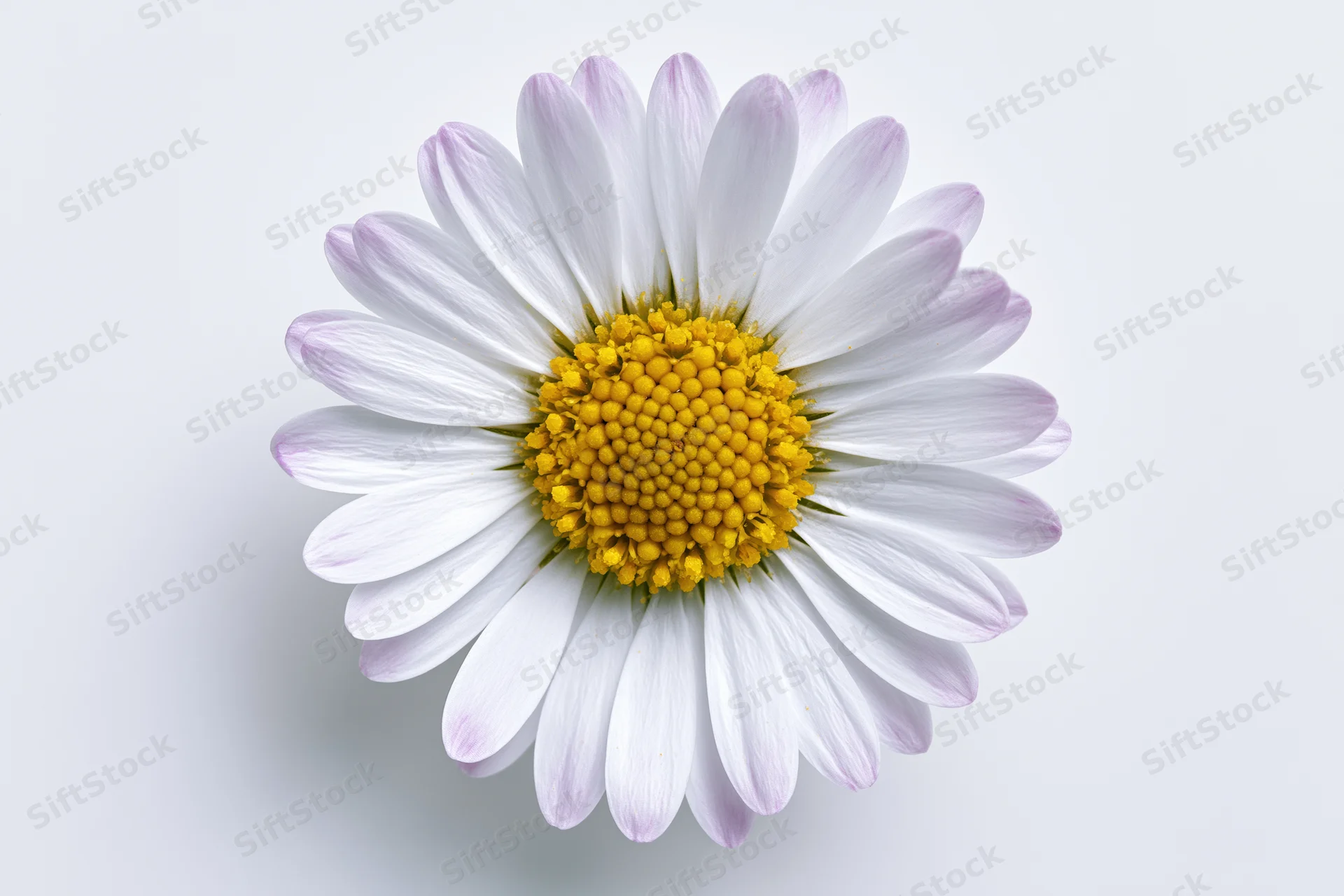Overhead view of a single white daisy with yellow center on a plain white background