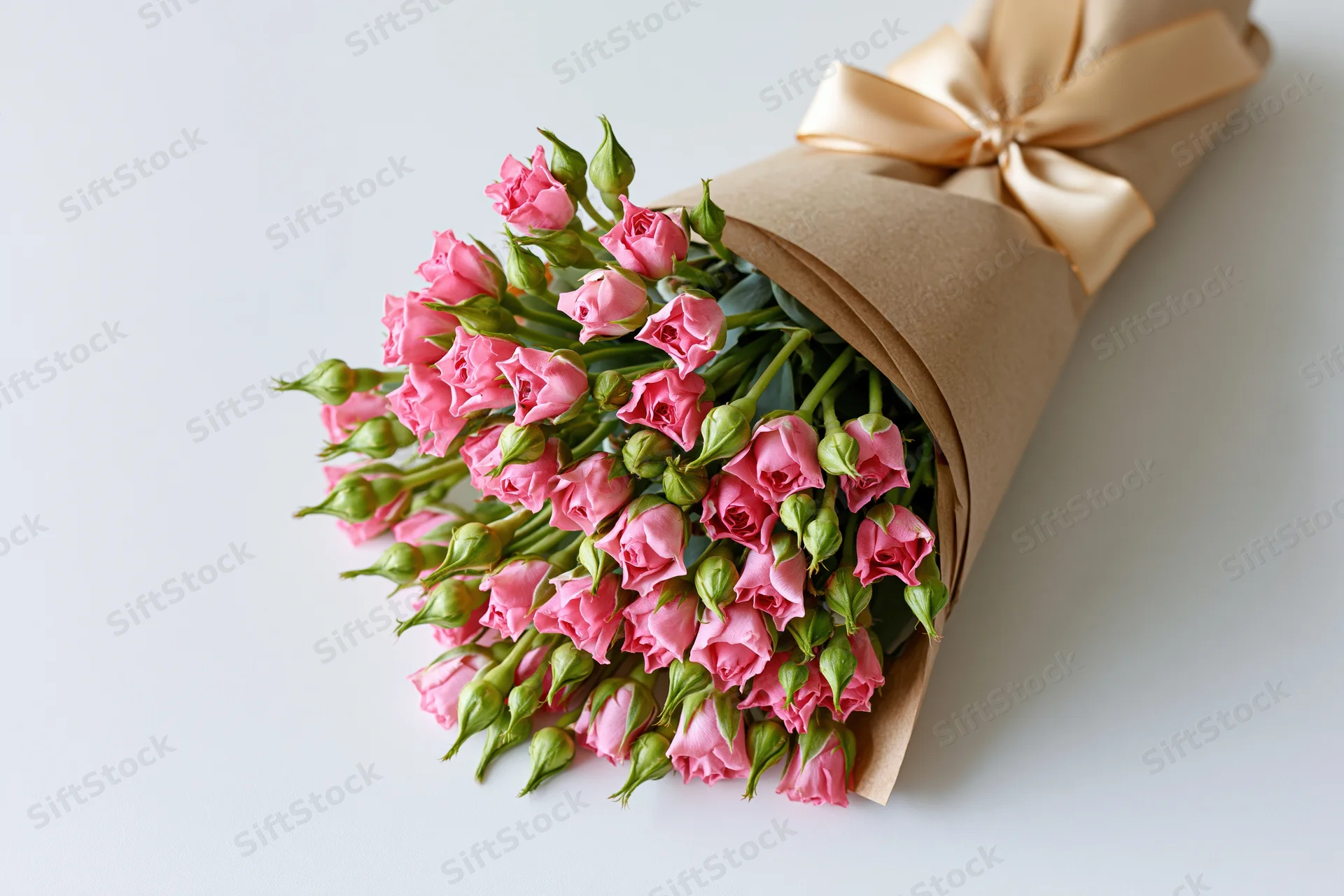 Small bouquet of pink spray roses and green buds wrapped in kraft paper with gold ribbon on white surface