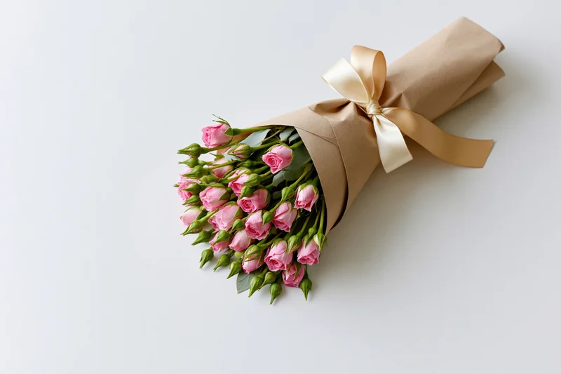 Small bouquet of pink spray roses with green buds wrapped in kraft paper and tied with gold ribbon on white surface