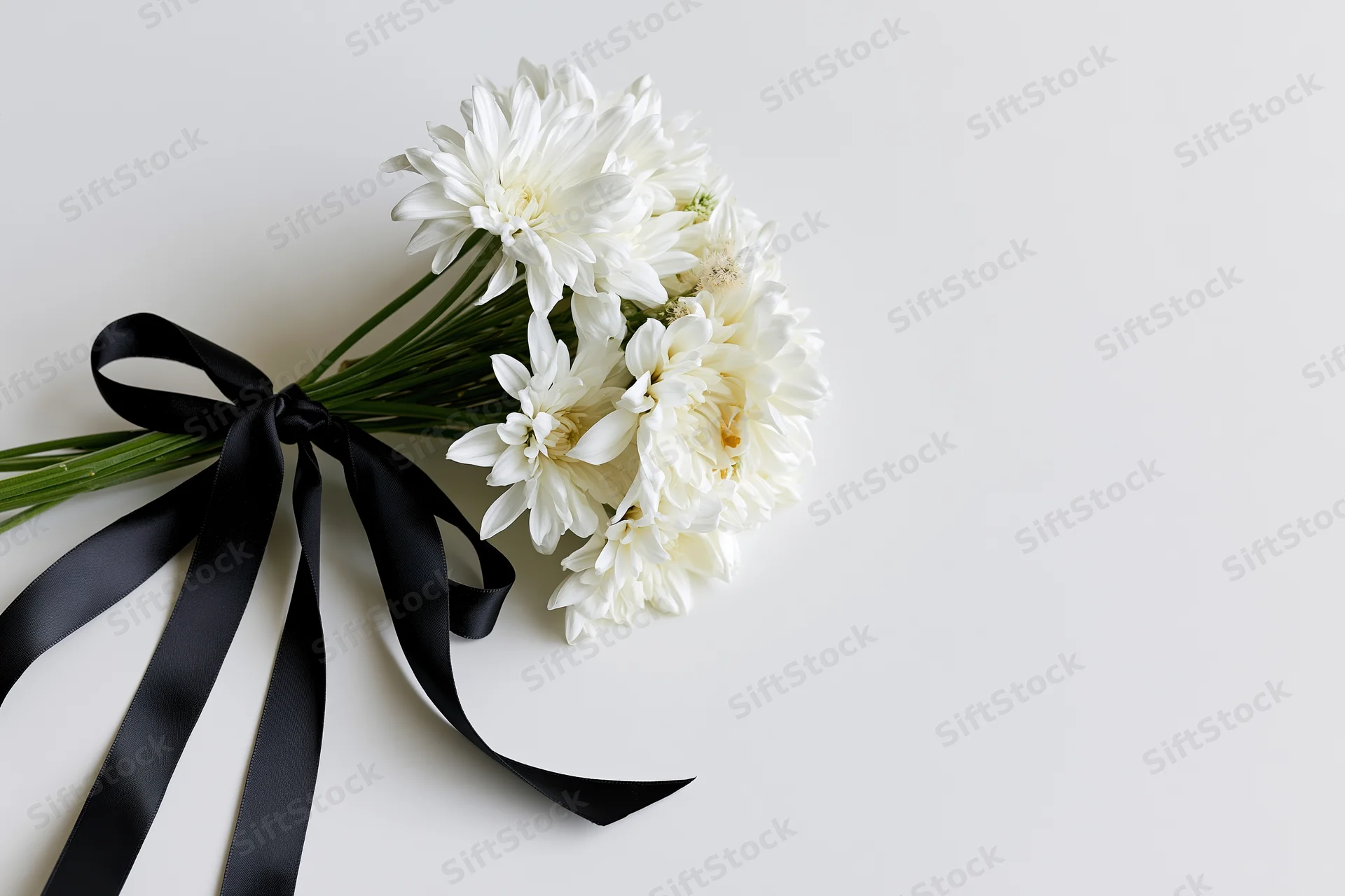 Small bouquet of white chrysanthemums tied with black satin ribbon on white surface