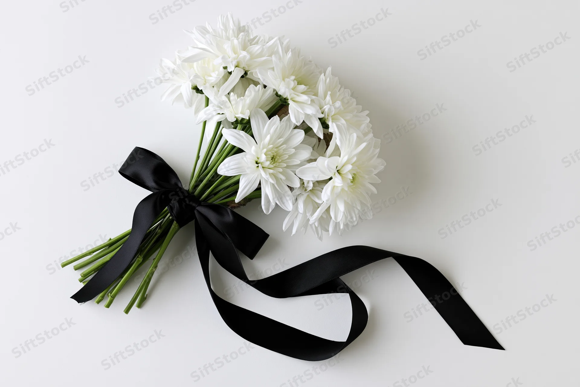 Small bouquet of white chrysanthemums tied with black satin ribbon on white background