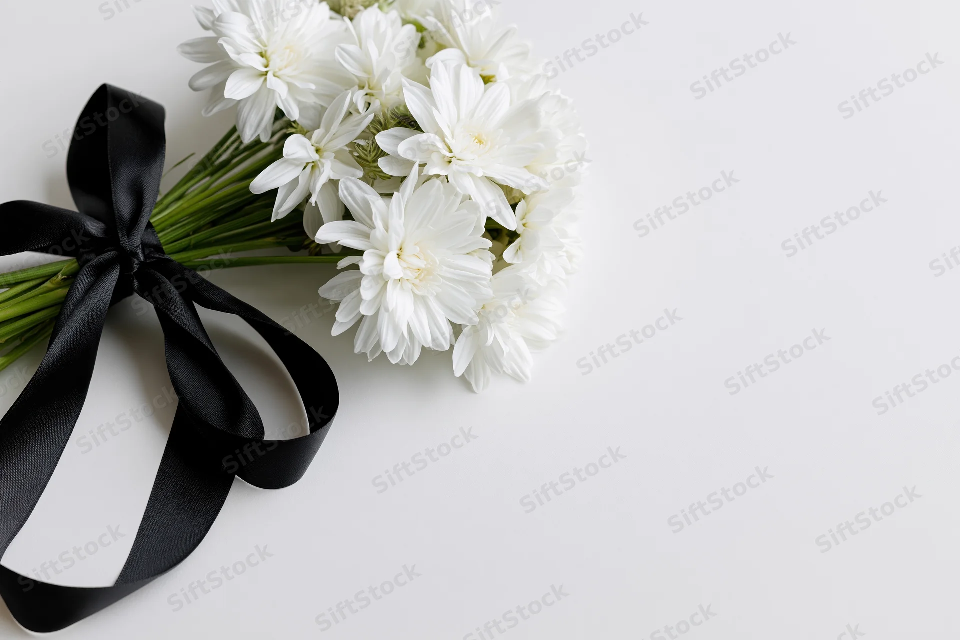 Small bouquet of white chrysanthemums tied with black satin ribbon on white surface