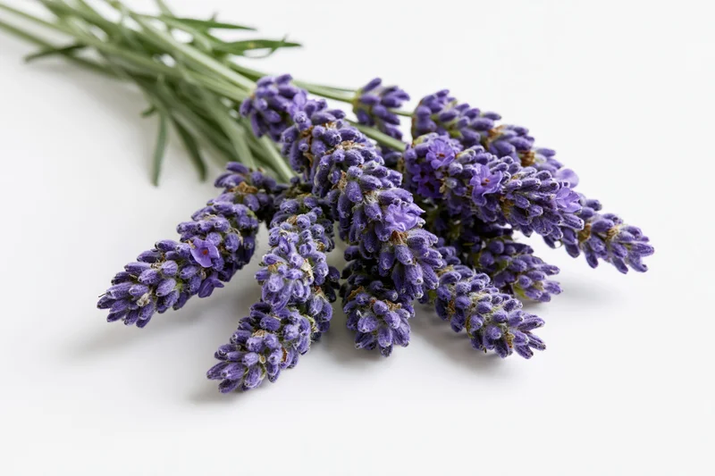 Bundle of fresh lavender sprigs with purple blooms laid flat on white surface
