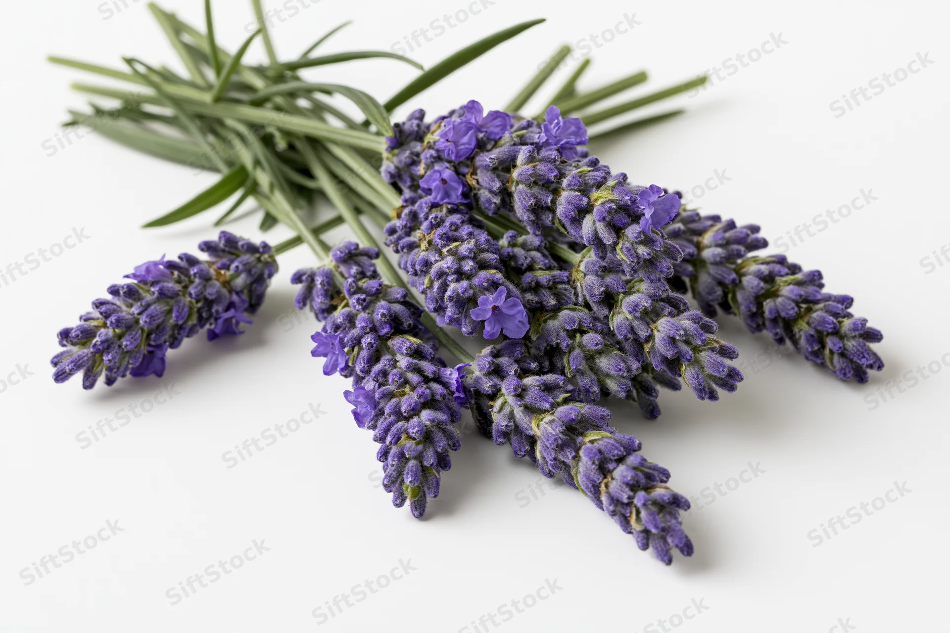 Bundle of fresh lavender sprigs laid flat with blooms facing up on white surface