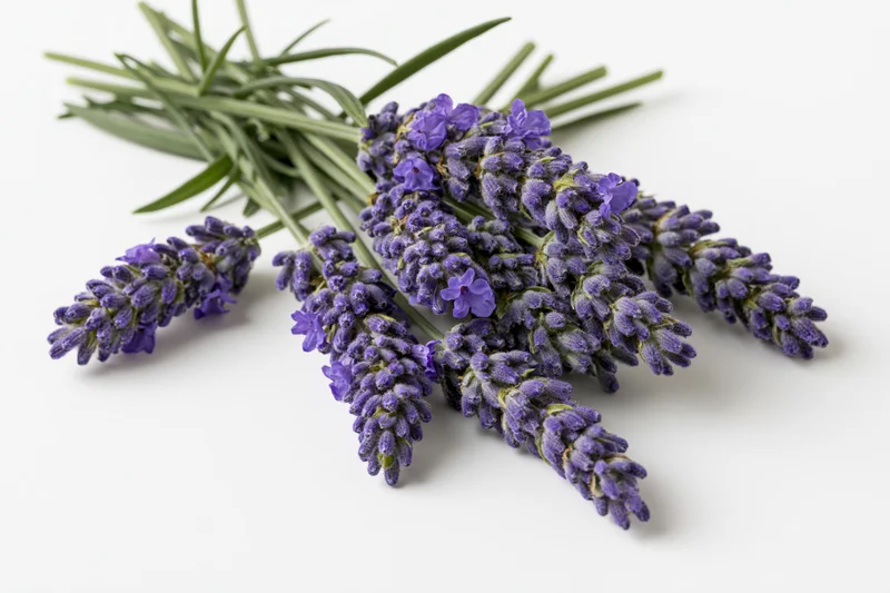 Bundle of fresh lavender sprigs laid flat with blooms facing up on white surface