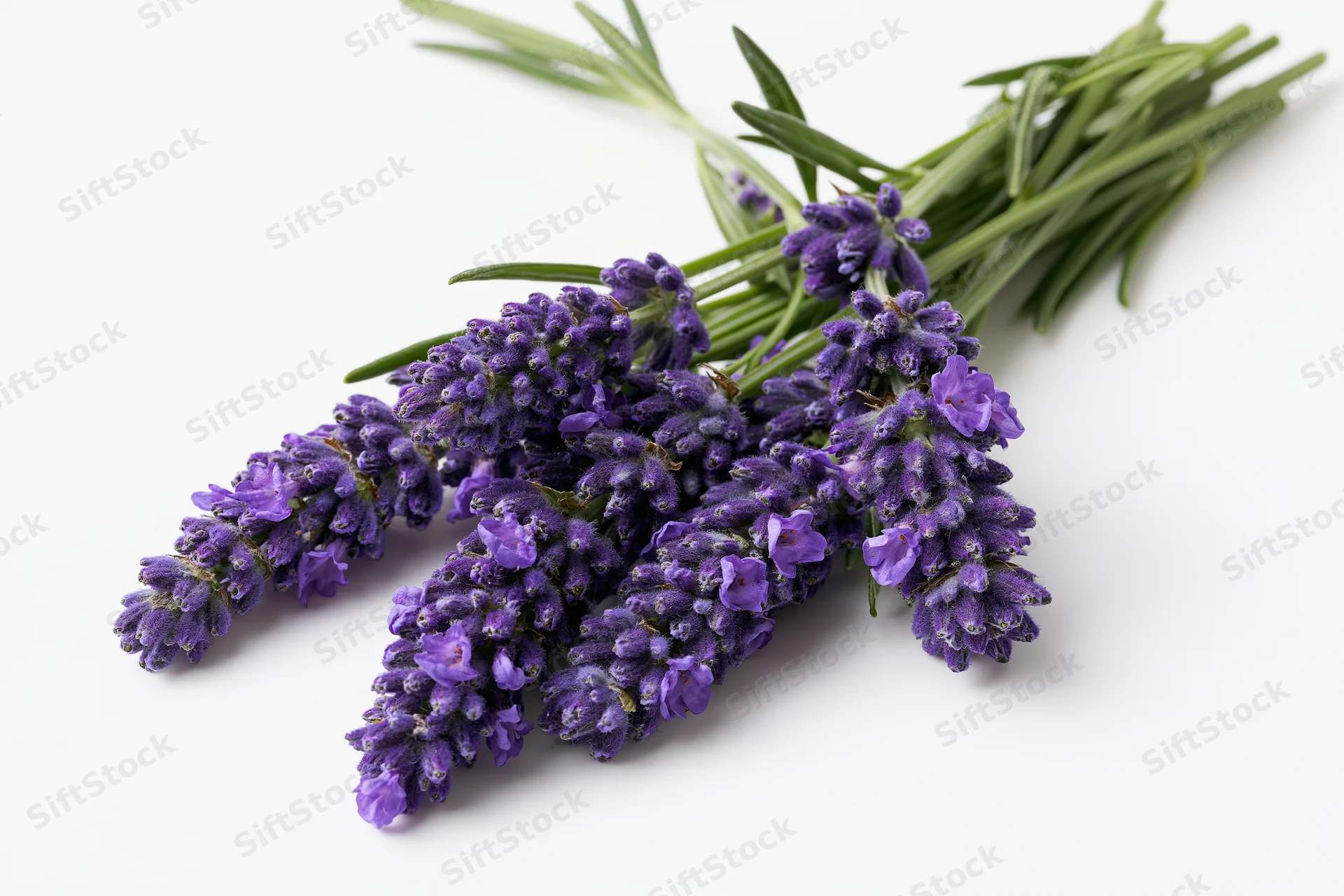 Small bundle of fresh lavender sprigs laid flat with blooms facing up on white background