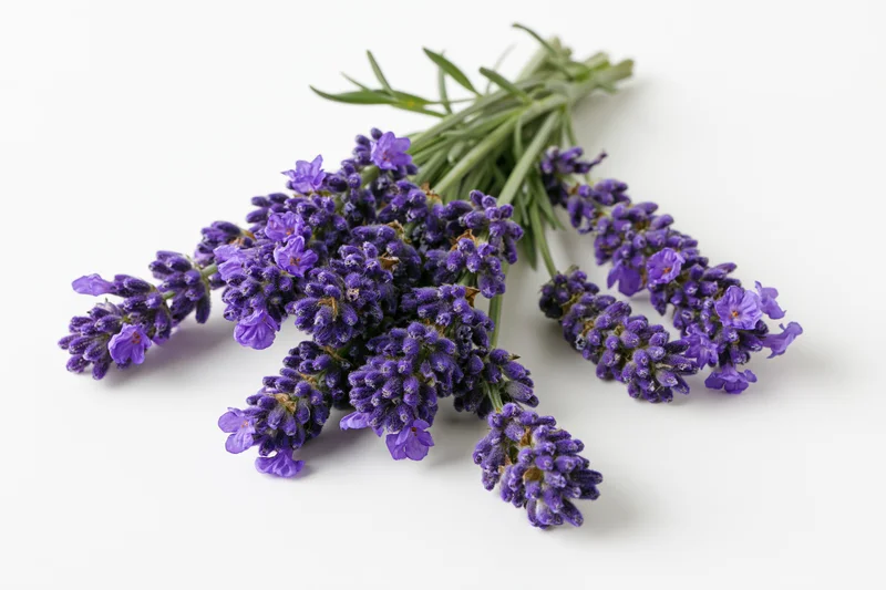 Small bundle of fresh lavender sprigs laid flat with blooms facing up on white background