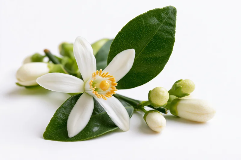 Citrus blossom sprig with one open white flower and several buds on green leaves against white background