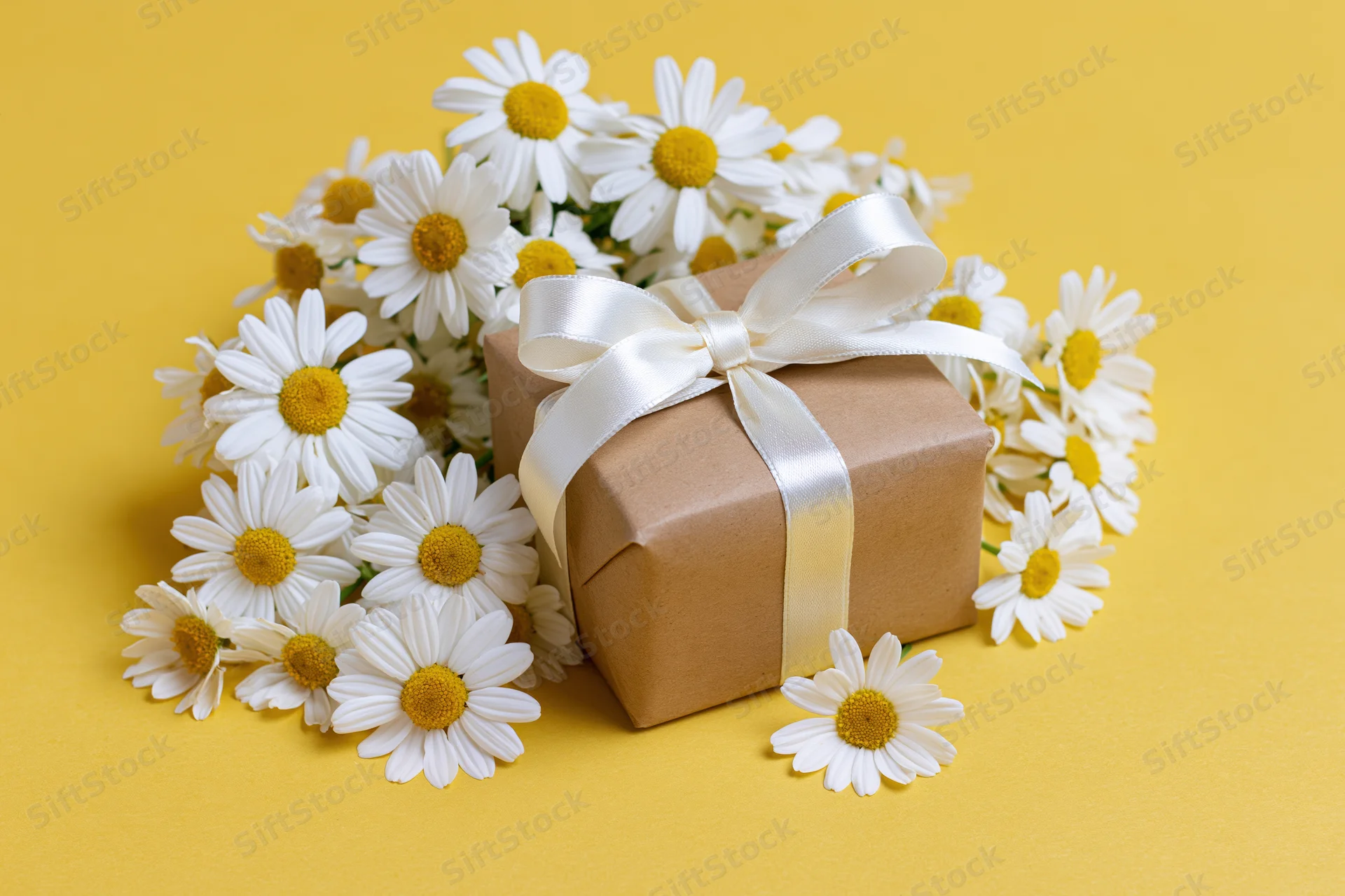 Small kraft paper gift box tied with white satin ribbon bow surrounded by daisies on yellow surface