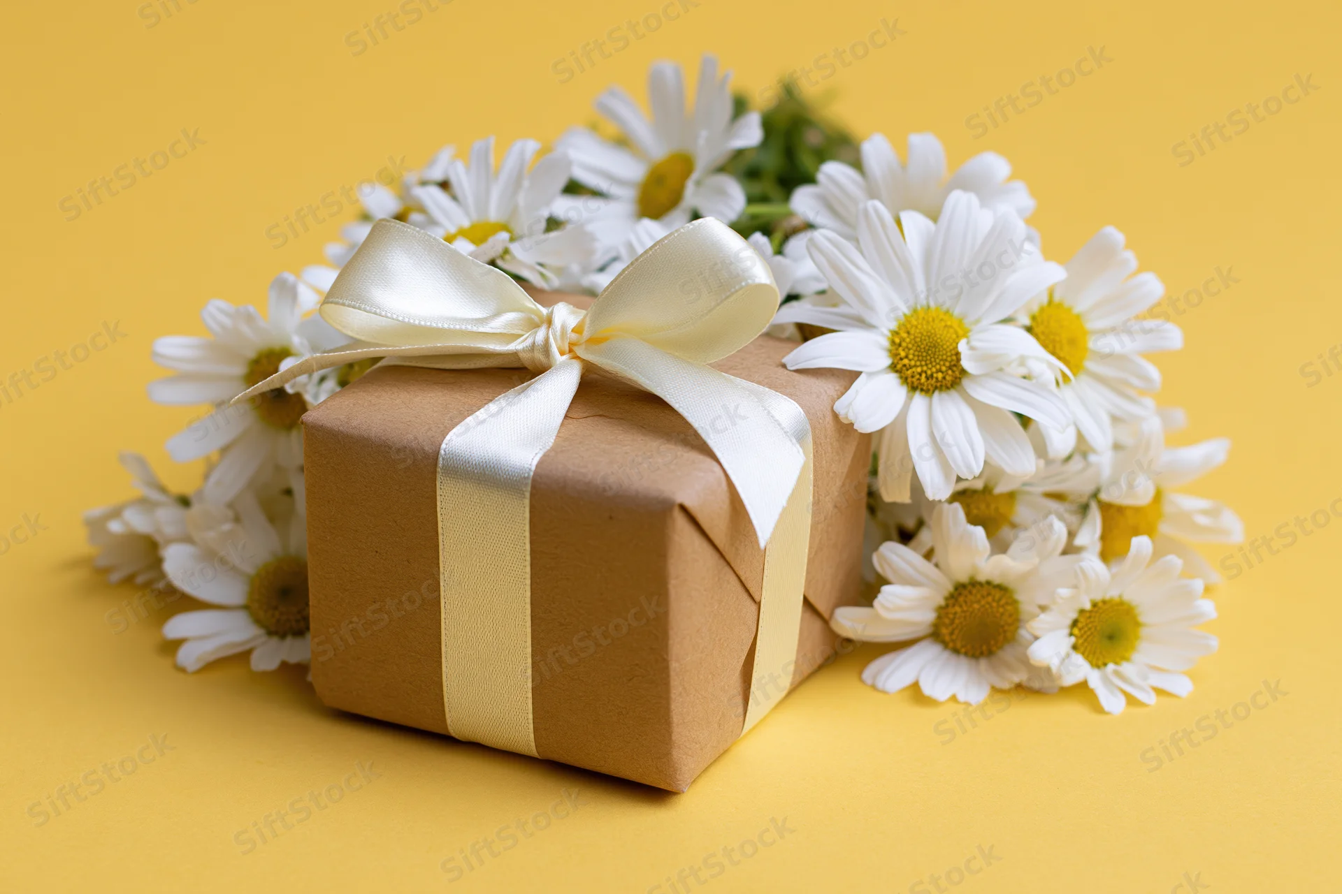 Kraft paper gift box tied with white satin ribbon bow surrounded by daisies on yellow background