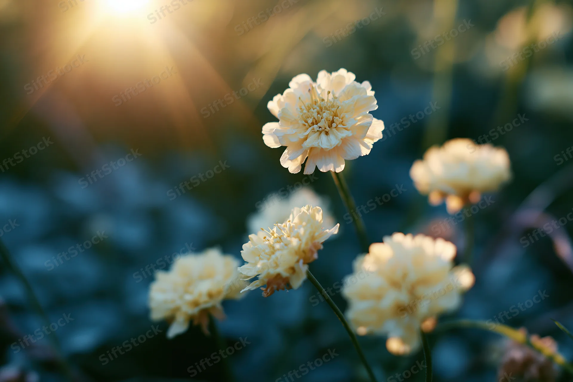 Pale cream wildflowers blooming in a sunlit meadow with soft focus background