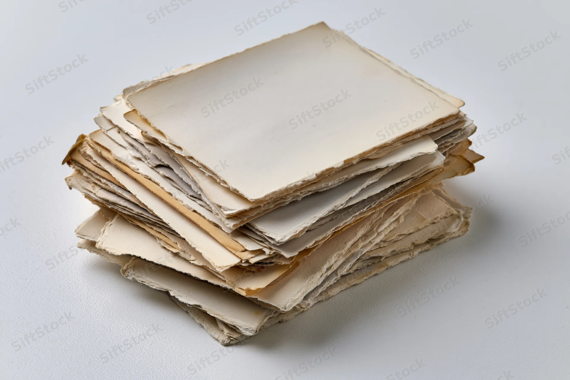 Stack of old blank vintage photographs with deckled edges on white surface