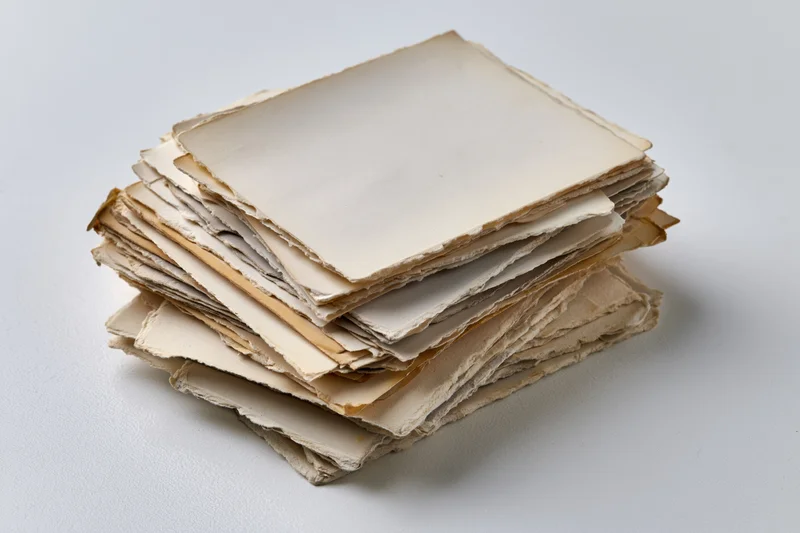 Stack of old blank vintage photographs with deckled edges on white surface