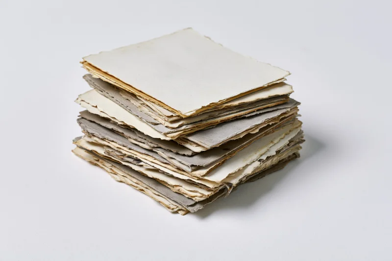 Stack of old blank vintage photographs with deckled edges on white background