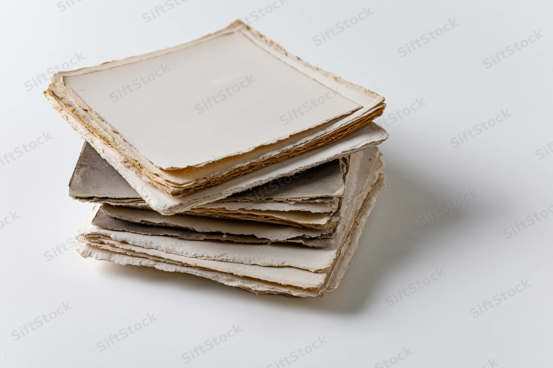 Stack of old blank vintage photographs with deckled edges on white surface