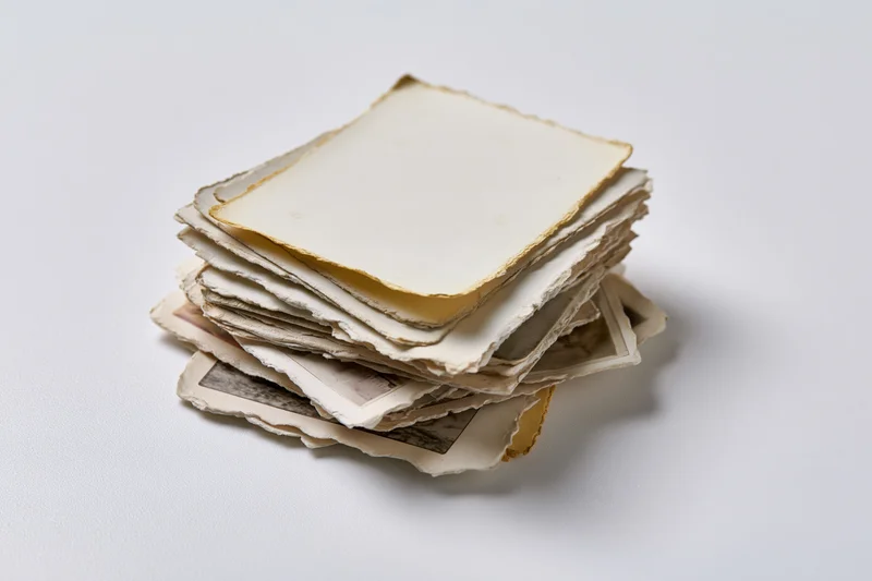 Stack of old blank vintage photographs with deckled edges on white surface