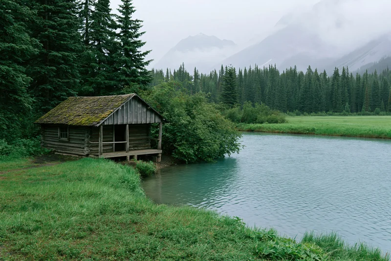 Weathered log cabin with porch beside calm lake surrounded by evergreen forest and misty mountains
