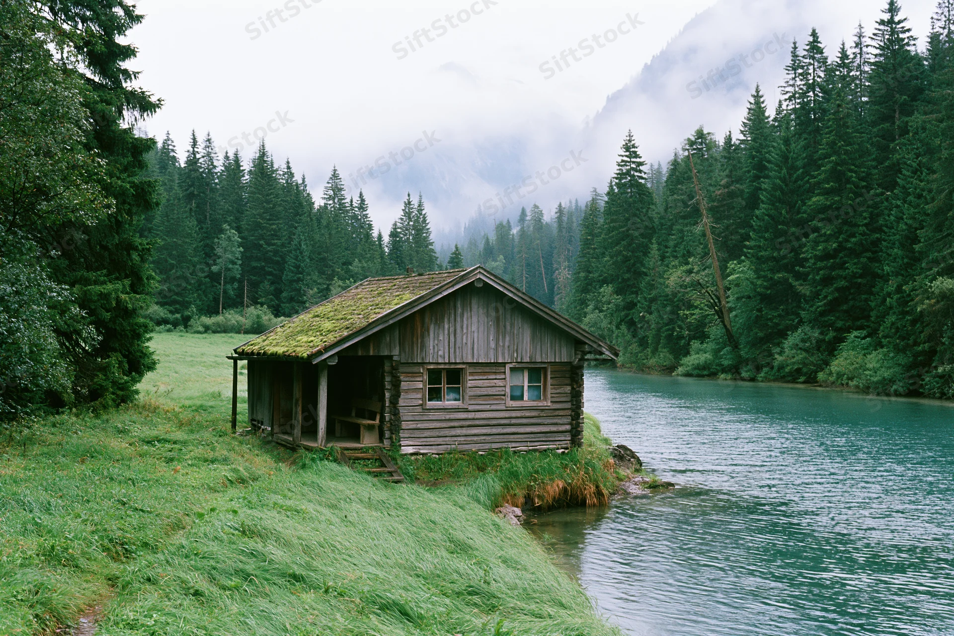 Weathered wooden cabin with porch beside a lake surrounded by pine forest and misty mountains
