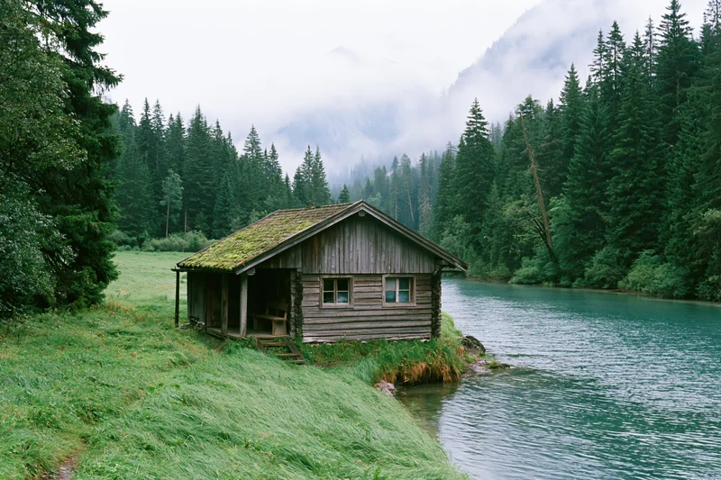 Weathered wooden cabin with porch beside a lake surrounded by pine forest and misty mountains